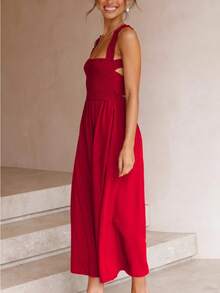 Sleeveless Boat Neck Dress In Solid Cotton Linen With Open Back, Elegant And Sensual European Style For Summer - Red - View 3