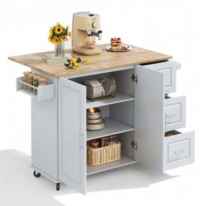 Large Mobile Kitchen Table L137*W43(76)*H92cm, Oak Top, Foldable, Multifunctional Furniture, 3 Drawers, Towel Rack, Ideal For The Kitchen, Dining Room, Home