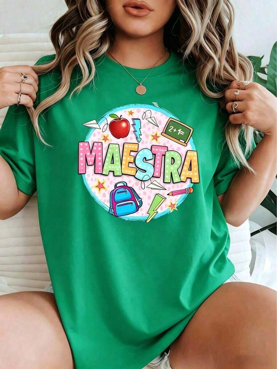 Short-Sleeve Graphic Tees Colorful Print With The Word TEACHER Surrounded By Apple, Chalkboard, Backpack, Pencil, Stars And Learning Symbols That Celebrate Educational Dedication. Women's T-Shirt, 100% Cotton, Comfortable And Creative. - 綠色的 - 查看 1