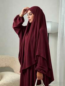 3件組 Khimar+Abaya 柔軟穆斯林祈禱服裝，長款 Abaya 配搭同色系頭巾，休閒外出必備時尚單品 (頭巾+洋裝+腰帶) 祈禱吉爾巴布 - 彩色 - 查看 27