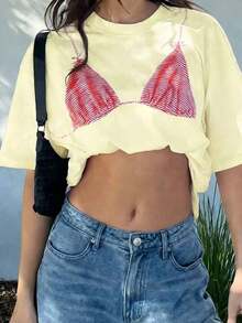 Women's Short-Sleeve T-Shirt With White And Pink Bikini Graphic Print, Casual Round Neck T-Shirt For Summer - 白色 - 查看 3
