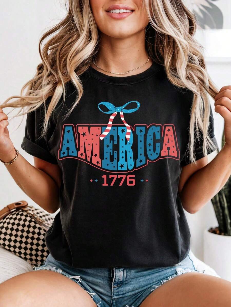 Camiseta R AM1erica 1776, USA T1EE, Camiseta del 4 de julio, Camiseta patriótica del Día de la Independencia, Camiseta divertida con gráfico de libertad. Camiseta unisex de algodón puro de 220 g. Peso ideal para todas las estaciones, adecuada tanto para hombres como para mujeres. Tejido duradero de alta calidad, suave al tacto y de larga duración. Parte superior transpirable. Adecuada para la primavera y el verano de las mujeres, vacaciones, Día de la Madre, Día de la Independencia. - Negro - Ver 1