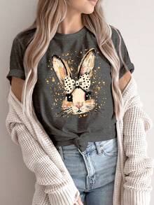 Camiseta deportiva casual vintage para mujer, camiseta de cuello redondo, con diseño de lazo y conejo, dulce y adorable, estilo femenino, adecuada para citas, regalo de Pascua, diseño de lazo y conejo, divertida, de Pascua, top cómodo para todas las estaciones. - Blanco - Ver 7