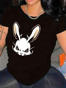 Camiseta de algodón puro, camiseta negra de talla grande para mujer - Bonito estampado de conejito, cuello redondo, manga corta - Camiseta suave para uso diario - Ropa de mujer lavable a máquina para todas las estaciones. - Negro - Ver 8