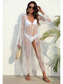 Swim Vcay Floral Lace Kimono Cover-Up, Long Sleeve Maxi, Open-Front With Tassel Drawstring - trắng - Xem 5