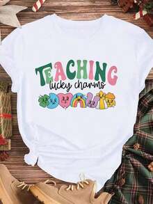 Camiseta de Enseñanza con Amuletos de la Suerte para el Día de San Patricio, con Personajes de Arcoíris y Malvavisco, Ropa Casual Negra para Maestros, Primavera Verano - Blanco - Ver 3