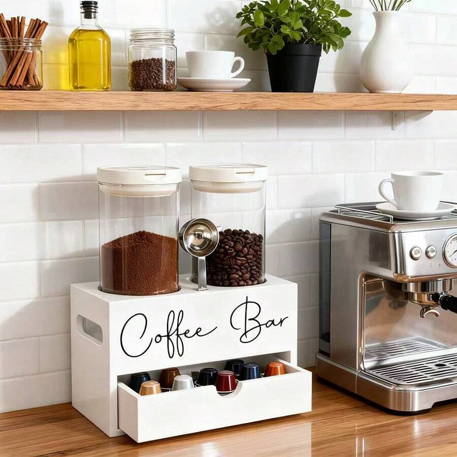 IDUK 1PC Wooden Coffee Pod Storage Drawer, Lidded Coffee Bean Storage Box With Drawer, Lidded Storage Container For Coffee And Food For Home Kitchen Bar Use - White - View 1