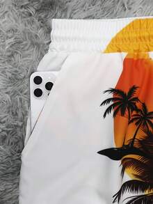 Men's Swim Trunks, Loose Fit Drawstring Waist Palm Tree Print Beach Shorts With Side Pockets - White - View 7
