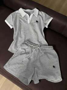 Set de 2 piezas con top de manga corta con bordado y ribete en contraste y shorts con cordón en la cintura para mujer - Gris - Ver 1