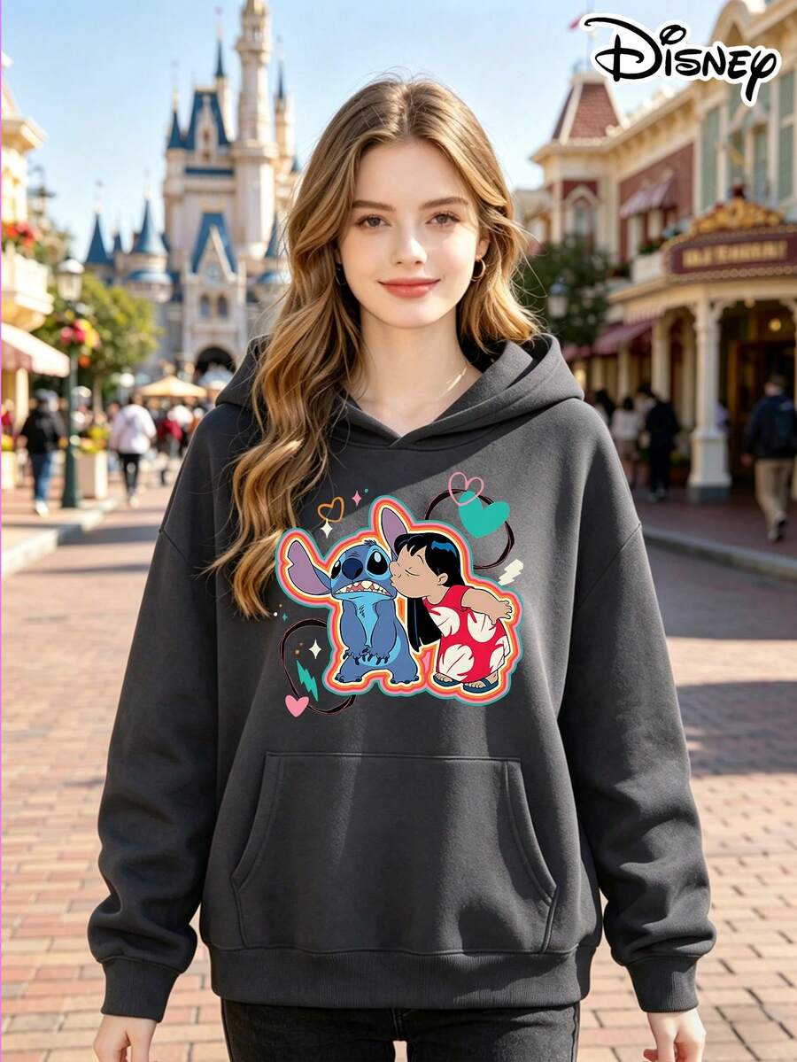 Official Disney Licensed 250G Lilo & Stitch Print Hoodie, Women's 100% Polyester, Fall & Winter Style, Ideal For Commuting, Daily Office & Casual Wear, Perfect Gift For Wife & Girlfriend - 深灰色 - 查看 1