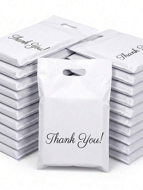 20 piezas Bolsas de envío blancas con asas, bolsas de mensajería impermeables y autosellantes con impresión de "Gracias", adecuadas para logística de prendas de vestir, embalaje de regalos, envíos, transporte y diversas ocasiones como cumpleaños, bodas, graduaciones, diseño floral