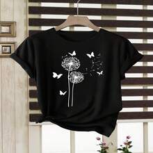 Women's Casual Black Cotton Tee with Dandelion & Butterfly Print, Round Neck, Short Sleeve T-Shirt for Fall - Negro - Ver 1