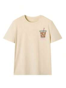 Camiseta de manga corta casual para mujer con estampado de café con hielo, estilo dulce de niña con cuello redondo con estampado doble delantero y trasero, ropa de calle para uso diario en verano - Multicolor - Ver 5