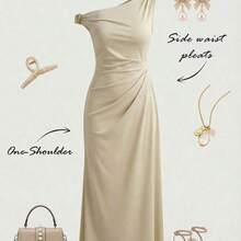 MOD Plus Size Women's Waist Ruched Oblique Shoulder Long Dress, Metal Buckle Decor, Apricot Color, Wedding Guest Dress For Women,Graduation Dress ,Coords For Women Casual Classy,Festival Dresses, Glamarae Elegant Luxurious Dress, Elegant Sophisticated Dress, Bodycon Long Dress, Women's Formal One-Shoulder Dress, Occasion Dresses For Ladies,Elegant Long Party Dress,Wedding Guest Dress,Work Outfits For Women - Albaricoque - Ver 5