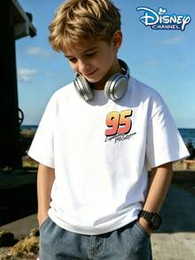Disney Cars Lightning McQueen Think Fast 95 Printed Summer Tops, Perfect For Cool Boys. Teen Boy Gift,Boys Clothes,Comfortable And Breathable Children's Short-Sleeved T-Shirt. Suitable For Both Boys And Girls.Suitable For Daily Wear, Vacations, Outdoor Activities, And As A Children's Gift. - trắng - Xem 3