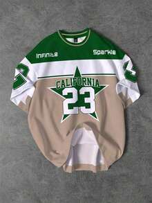 Manfinity  Camiseta de cuello redondo para hombre con estampado de estrella de California 23, camiseta deportiva casual de cuello redondo con bloque de color retro y estilo callejero en colores terrosos - Verde militar - Ver 1