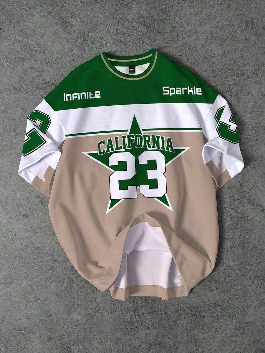 Manfinity Camiseta de cuello redondo para hombre con estampado de estrella de California 23, camiseta deportiva casual de cuello redondo con bloque de color retro y estilo callejero en colores terrosos - Verde militar - Ver 1