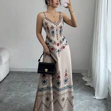 Raffinéa Women's V-Neck Spaghetti Strap Floral Linen-Feel Tie-Waist A-Line Print Dress, Spring/Summer - Rosa - Ver 2
