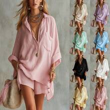 Women's Linen Blend Two-Piece Outfit, Oversized Roll-Up Sleeve Shirt And High Waist Shorts Set, Casual Loose Summer Beach Co-Ord - Màu Khaki - Xem 7