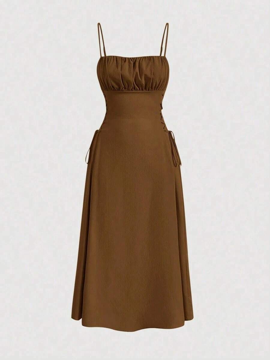 MOD Solid Color Strappy Dress With Ruched Bodice And Side Drawstring - Brown - View 1