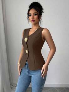 Blusa exterior con cuello en V ajustada con decoración de botones dorados con rosas - Marrón - Ver 4