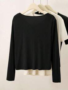 Chaqueta ligera de unicolor de estilo minimalista para mujer, adecuada para el uso diario en primavera/otoño - Negro - Ver 2