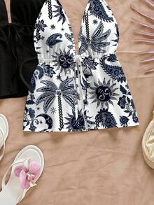 2 piezas Conjunto de top sin espalda con cuello halter y estampado floral de contraste de color, adecuado para verano, salidas, fiestas, bodas, cumpleaños, elegante - Multicolor 10 - Ver 5
