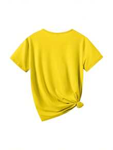 Top femenino manga corta cuello redondo en algodón puro, diseño estampado moderno, tela fresca y aireable, prenda versátil para look casual, ocasiones diarias y encuentros sociales todo el año - Amarillo - Ver 3