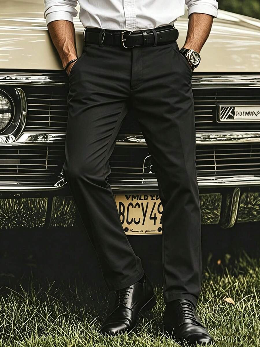 Calça de Terno de Outono Masculina, Calça Casual Reta na Moda, Estilo Minimalista Solto, Calça Reta Resistente a Rugas de Cor Sólida - Preto - Visão 1