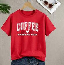 Women's Plus Size Vintage Cotton T-Shirt With Coffee Print, Short Sleeve, Loose Fit, Round Neck, For Everyday Wear, Various Sizes, Soft And Breathable Cotton Fabric, Letter Print T-Shirt, Comfortable Plus Size Clothing. - 紅色 - 查看 1
