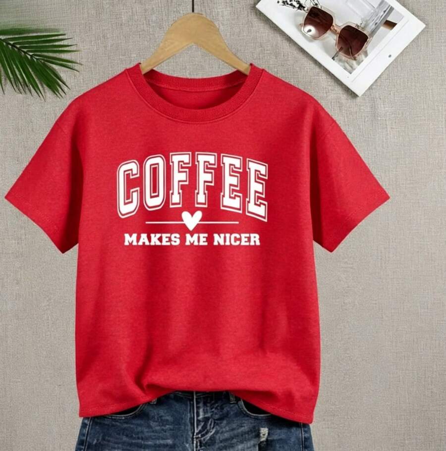 Women's Plus Size Vintage Cotton T-Shirt With Coffee Print, Short Sleeve, Loose Fit, Round Neck, For Everyday Wear, Various Sizes, Soft And Breathable Cotton Fabric, Letter Print T-Shirt, Comfortable Plus Size Clothing. - 紅色 - 查看 1