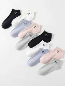 1/10 Paar Damen einfarbige Herz-Spitzenbesatz Knöchelsocken - Verschiedenfarbig - Übersicht 2