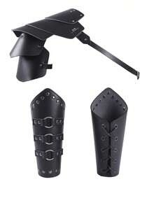 3pcs Men's Medieval Knight PU Leather Bracers Warrior Gladiator Gothic Rivet Shoulder Armor With Arm Guards Set,Halloween - Black - View 1