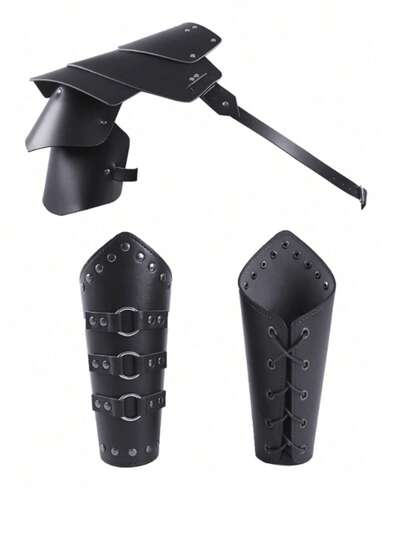 Set de 3 piezas de protectores de brazo de cuero PU estilo medieval, caballero, guerrero, gladiador, samurái gótico con remaches y protector de hombro
