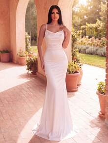Faeriesty Đầm dạ hội dáng đuôi cá bằng satin trắng thanh lịch - Đầm maxi ôm sát, hở lưng gợi cảm với dây buộc chéo, kiểu dáng thướt tha, phù hợp cho khách dự đám cưới, các sự kiện trang trọng, tiệc tùng, kỳ nghỉ xuân. - trắng - Xem 3