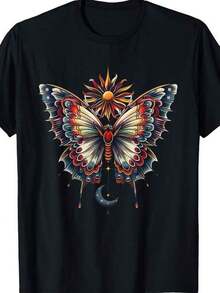 Camiseta Boho Chic Vintage con Diseño de Sol, Luna, Polilla y Mariposa - Negro - Ver 1
