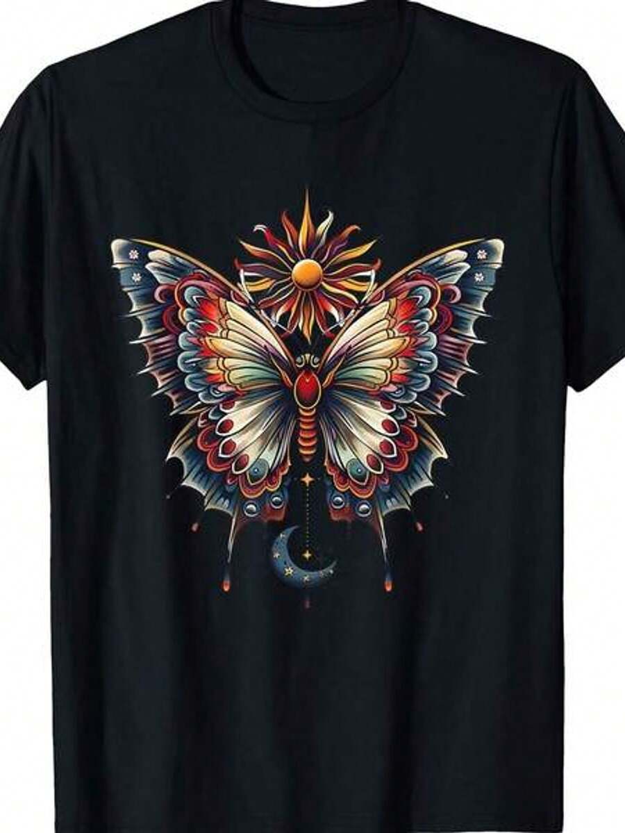 Camiseta Boho Chic Vintage con Diseño de Sol, Luna, Polilla y Mariposa - Negro - Ver 1