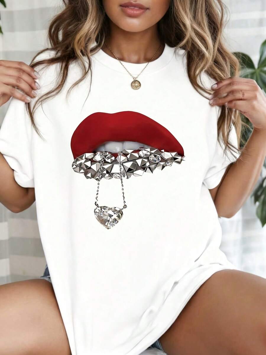 Edgy Red Lips With Silver Rhinestone Graphic T-Shirt, 100% Cotton Crewneck Top For Streetwear, Night Out & Bold Aesthetic Outfits - 白色 - 查看 1
