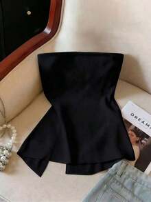 Nueva Moda Primavera/Verano Sexy Blusa Bandeau con Abertura, Cintura Suave Fruncida y Estampado de Lunares Blancos - Negro - Ver 2