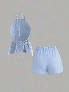 Nuevo conjunto de 2 piezas de mujer con top halter con lazos y shorts a rayas con espalda descubierta, adecuado para vacaciones de verano - Azul - Ver 2
