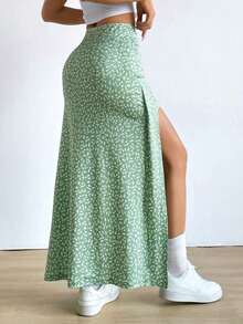 Falda larga con diseño floral pequeño y abertura en el dobladillo - Verde - Ver 2