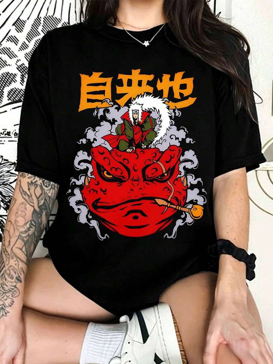 Oversized Black T-Shirt With Jiraiya N-NarutoS "Toad Sage And Gamabunta" Design, For Shonen Fans - Black - View 1