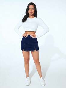 Falda pantalón informal de mezclilla con corte alto y dobladillo con doble abertura para mujer - Azul lavado oscuro 2 - Ver 4