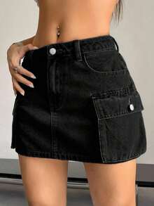 Falda vaquera de cargo de unicolor de verano para mujer - Negro - Ver 1