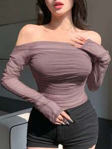 Blusa elástica de malla transparente con hombros descubiertos, para primavera/verano - Púrpura malva - Ver 7