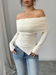 Camiseta elegante de mujer con hombros descubiertos, solapa ancha, dobladillo con cordón y ajuste delgado, para primavera y otoño - Albaricoque - Ver 7