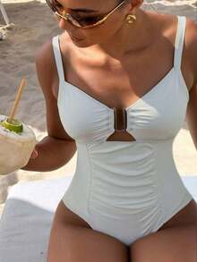 Swim Chiccia Nuevo traje de baño de una pieza elegante de unicolor, exquisito, para mujeres, para playa, natación y spa, temporada primavera/verano 2026 - Blanco - Ver 4