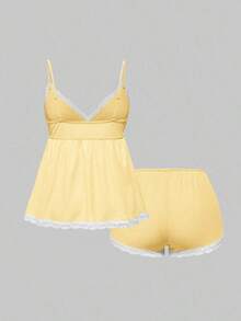 Conjunto de pijama casual de camiseta de tirantes acanalada y shorts con encaje - Amarillo - Ver 2