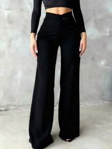 Pantalones rectos de cintura alta de unicolor, elegantes y casuales, adecuados para salidas diarias, ir a la oficina, estar en casa, citas, pequeñas fiestas, eventos sociales ligeros en primavera, color negro - Negro - Ver 4