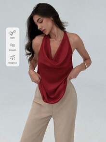 ajustado de mujer de cuello halter con efecto drapeado en un bloqueo de colores minimalista y elegante - Burdeos - Ver 8